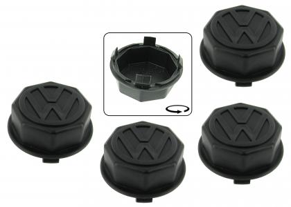 Velgdop/naafdop zwart met VW embleem 4 stuks.  VW optionele wielen ø 52 hoogte 28 mm 111601171