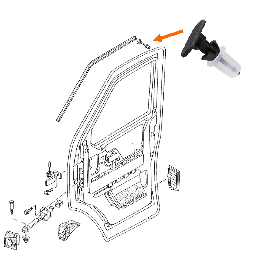 Clip voor bovenste rubber schuifdeur/ portier T4 vanaf (8/1994) 701837069