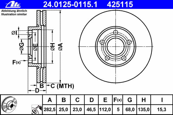 Remschijvenset vooras Passat 3B 282,5 x 25 mm geventileerd ATE 8e0615301a