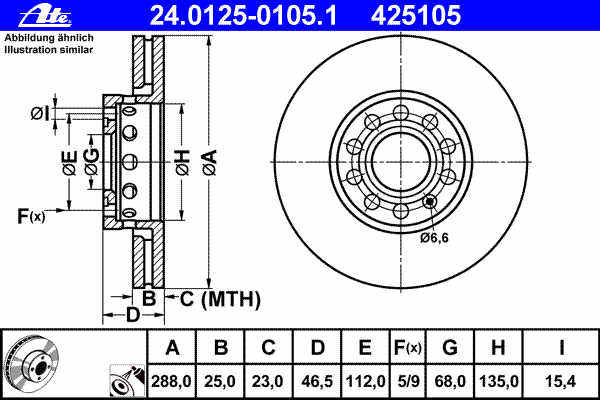 Remschijvenset ATE (2 stuks) vooras geventileerd 288x25 mm 4A0615301C 