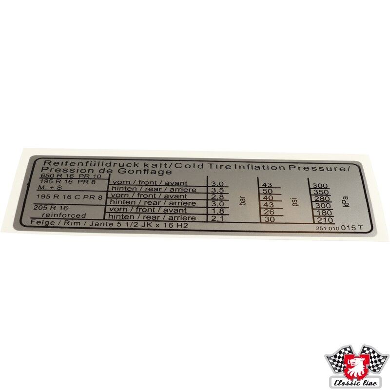 Bandenspanning sticker T25/ T3 bus 251010015T (16 inch) 