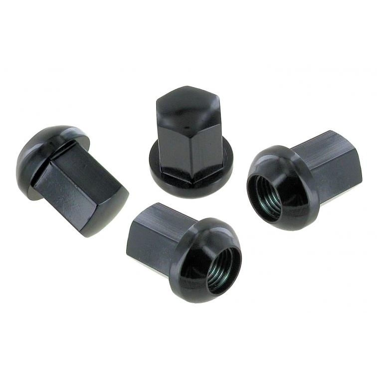 Wielmoeren zwart geanodiseerd aluminium 4 stuks. M14 X 1.5 - dop 19 mm - lengte 32 mm - afgeronde kop 